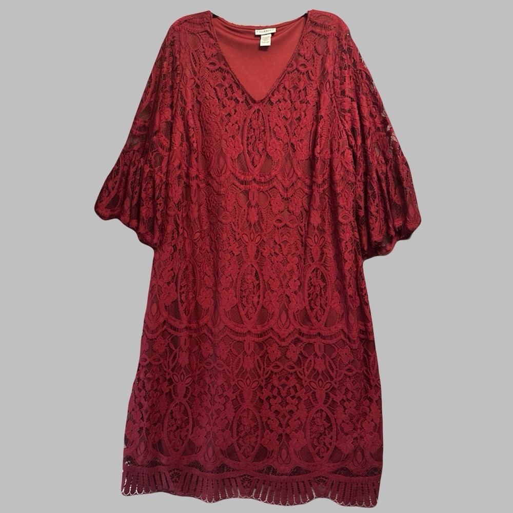 Catherines Lace‎ Dress Bell Sleeve Scalloped Hem Plus Size 2X Burgundy Cocktail